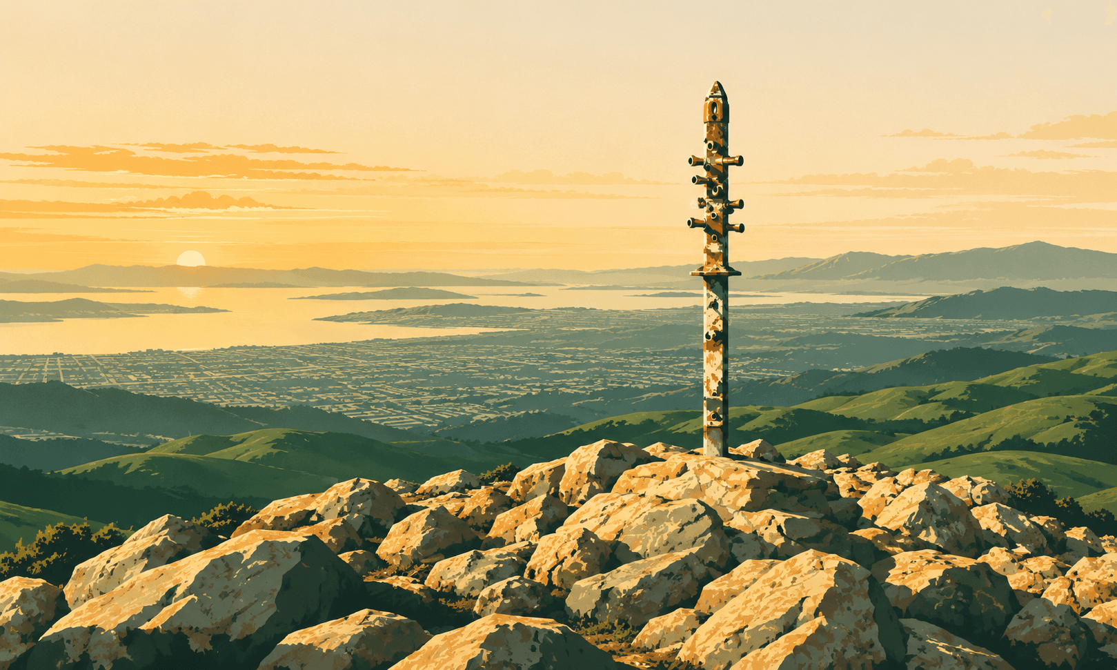 Illustration of Mission Peak's iconic summit pole above rocky outcrops, with the East Bay hills and bay beyond.